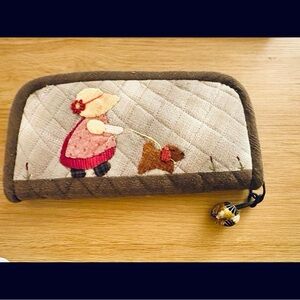 Quilted Appliqué Wallet with Girl Walking Dog - Kawaii Cottagecore